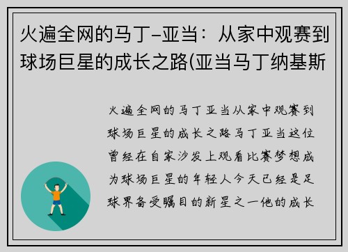 火遍全网的马丁-亚当：从家中观赛到球场巨星的成长之路(亚当马丁纳基斯)