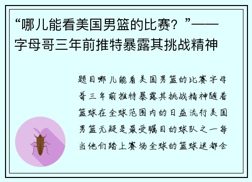 “哪儿能看美国男篮的比赛？”——字母哥三年前推特暴露其挑战精神