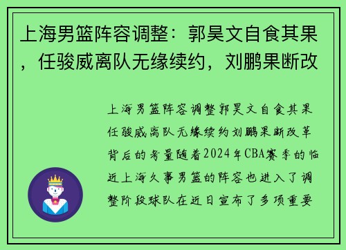 上海男篮阵容调整：郭昊文自食其果，任骏威离队无缘续约，刘鹏果断改革背后的考量